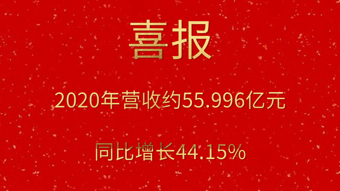 喜报！2020年营收约55.996亿元，，，同比增添44.15%